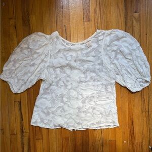 Puff Sleeve Semi-Sheer White Floral Blouse with Buttons down the Back in Size 6